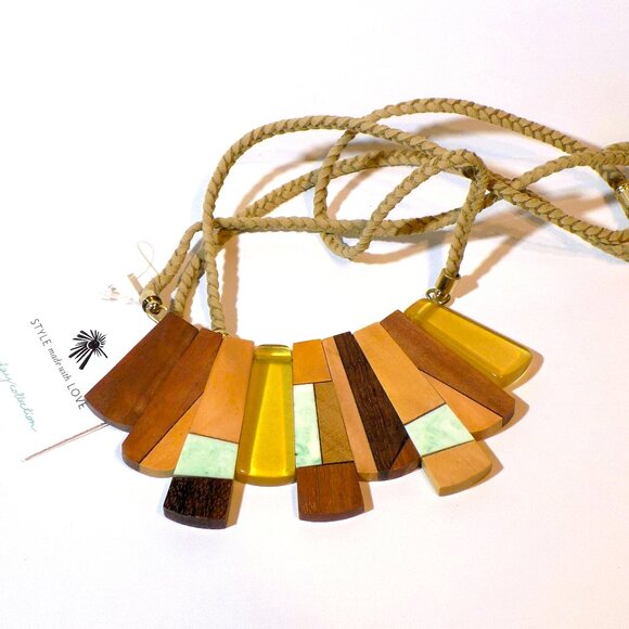 New Noonday Boho Wood Slat Necklace, Adjustable Braided Cord. Made in India - Picture 1 of 5